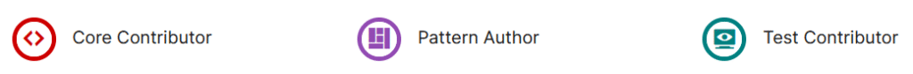 My WordPress badges for Core Contributor, Pattern Author and Test Contributor.